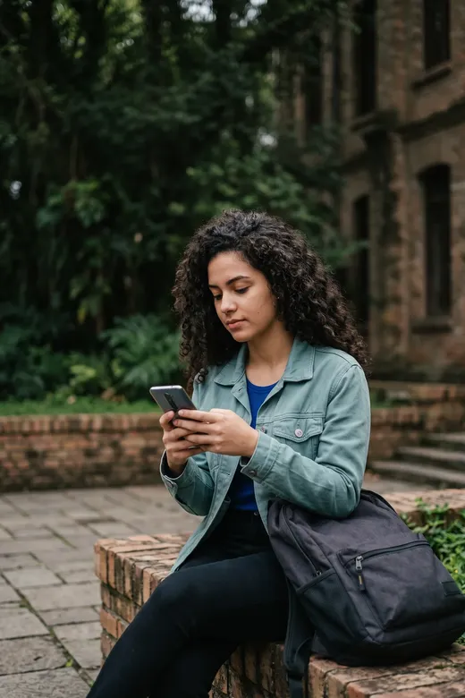Uma caloura sentada em um muro baixo do campus, estudando uma lição curta no celular